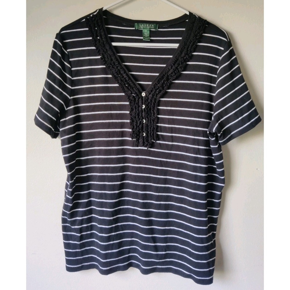 Lauren Ralph Lauren Women's Short Sleeve Black & White Tee Crochet Neck Size 1X